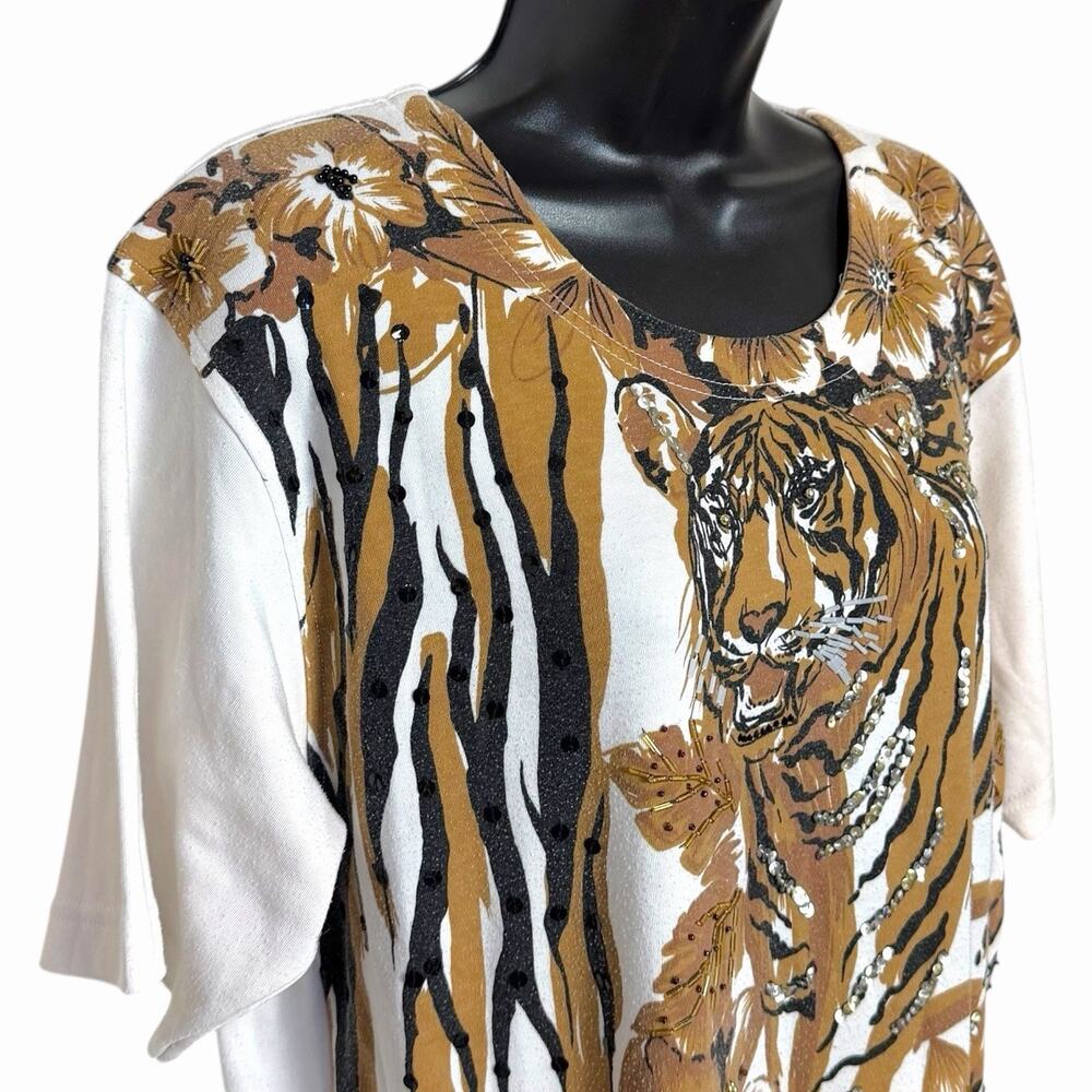 VTG 80s 90s ANIMAL PRINT TIGER LEOPARD TOP T SHIRT BEADED SEQUIN BY LISA INTL M - Picture 2 of 7